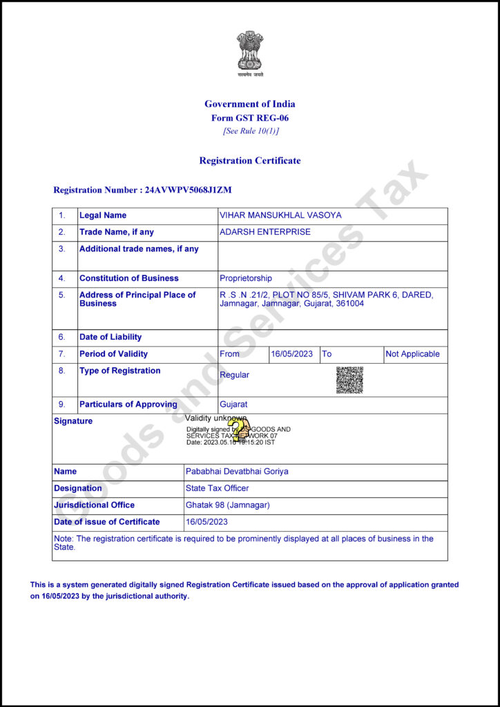 Adarsh Enterprise GST Certificate