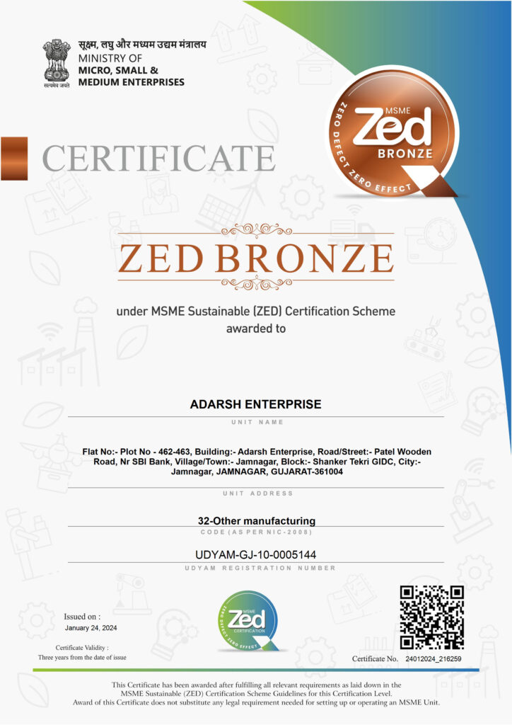 Adarsh Enterprise Msme Zed Certificate